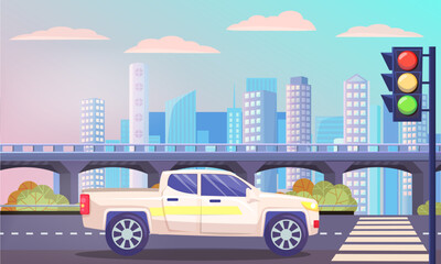 Cityscape with streets and traffic lights. Road with car waiting by pedestrian crossing. City skyline having skyscrapers and modern architecture. Downtown with landmarks. Vector in flat style