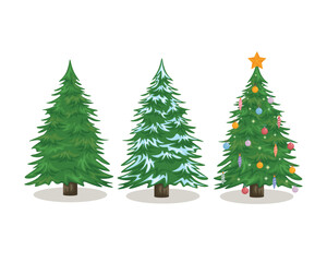 Christmas trees. Three Christmas trees decorated with Christmas balls, the other without decorations. Christmas tree in the snow. Vector illustration.