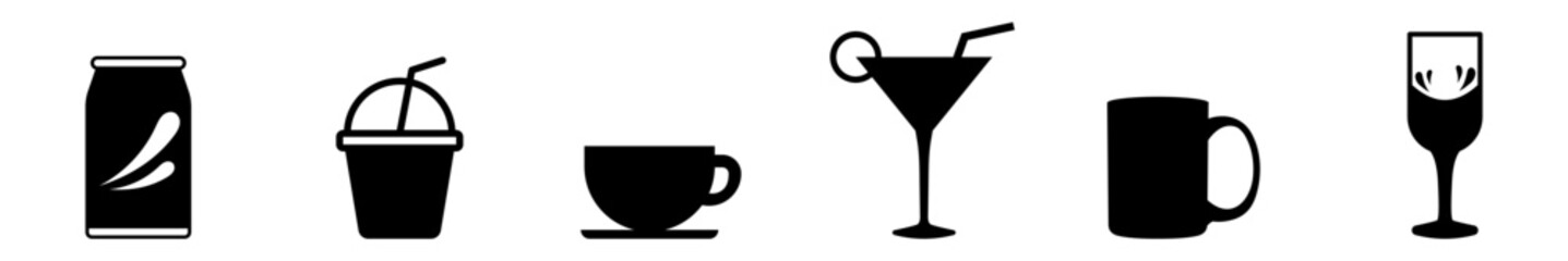 Conjunto de iconos de bebidas. Copa de vino, coctel, refresco, taza de café. Ilustración vectorial