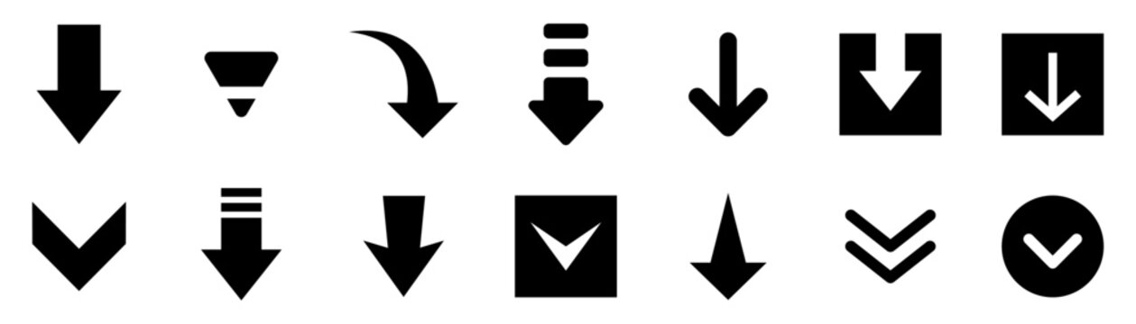 Conjunto de iconos de flechas hacia abajo. Descargar, bajar. Concepto de descarga. Ilustración vectorial