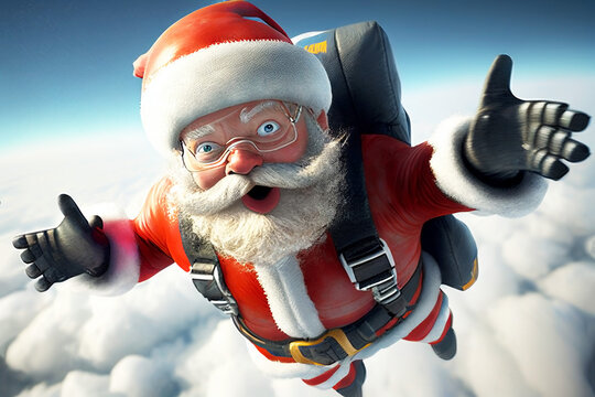 Close-up of Santa high up in the sky, having fun sky diving. Illustration. Generative AI