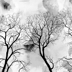 Bare tree seamless border. Digital drawing: line art. Backdrop endless rapport for packaging, scrapbooking, textiles, decoupage paper.
