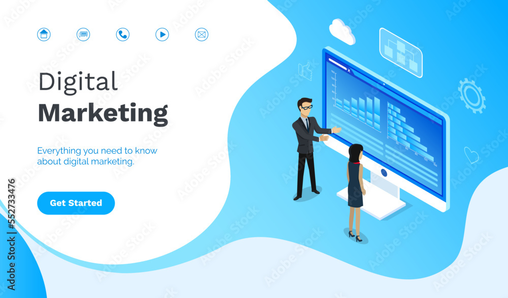 Poster digital marketing, people looking at big screen with data. infocharts and information in visualized 