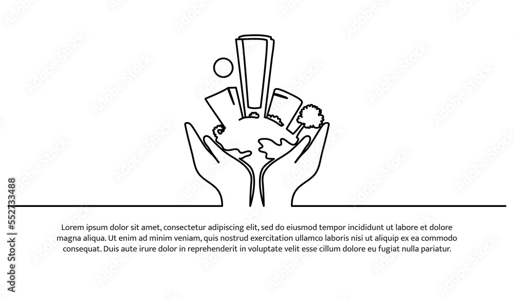 Poster continuous line design of hands supporting the earth. save the earth design concept. decorative elem