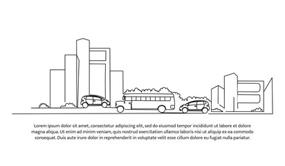 Continuous line design of heavy city traffic view. The concept of a city center design that is full of vehicles and traffic jams. Decorative elements drawn on a white background.
