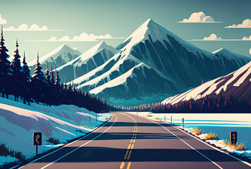 Beautiful image of a straight, paved road passing through a mountain range covered with snow on a sunny day. Generative AI