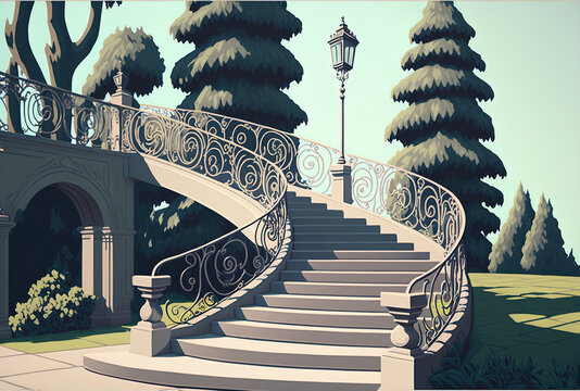 Beautiful Photograph Of A Park Staircase With Chain Railings. Generative AI