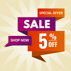 special offer sale buy now 5% off purple and orange