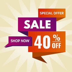 special offer sale buy now 40% off purple and orange