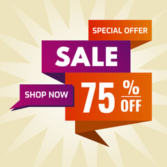special offer sale buy now 75% off purple and orange