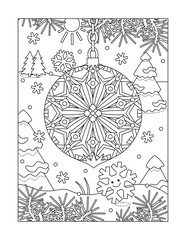Winter holidays joy coloring page with beautiful christmas ornament, cheerful snowflake and outdoor scene
