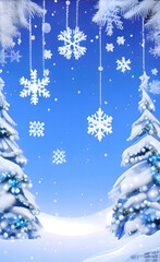 Winter holiday landscape. Winter holiday background with snowflakes and Christmas trees. Winter landscape. AI-generated image, digital illustration