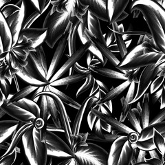 Seamless foliage vintage pattern with plant leves on dark background. Hand drawn illustration with monochromatic color style. Template for print, textile, wallpaper cover and box design. tropical art