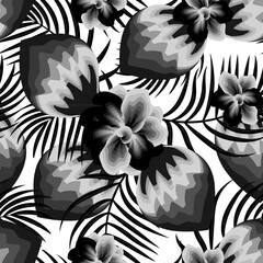 Tropical pattern with abstract palm leaves and flowers plants foliage on white background. monochromatic style. Seamless pattern with vintage leaves and plants. Floral background. Summer design. fall
