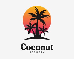 Coconut Tree Palm Tropical Beach Island Silhouette Summer Sun Sunset Holiday Vector Logo Design