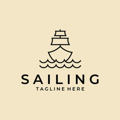 Sailing ship line art logo template vector icon illustration design