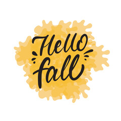 Hello fall art lettering over splashes of colored liquid.