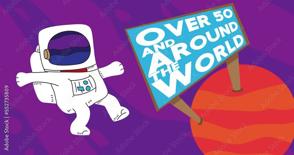Poster astronaut adrift near a red planet with over 50 and around the world billboard. abstract cartoon ani