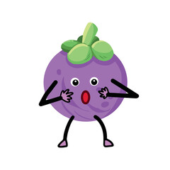 Surprised mangosteen purple fruit vector character mascot illustration isolated on plain light pink background. Cartoon flat art styled artwork cute and kawaii themed drawing.