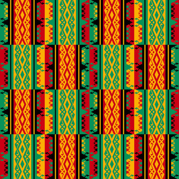 Tribal Kente cloth style vector pattern, african seamless design with  geometric shapes inspired by traditional fabrics or textiles from Ghana  known as nwentoma Stock Vector