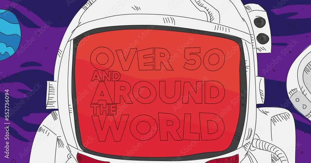 Poster astronaut in space with over 50 and around the world text on his helmet. abstract dancing line carto