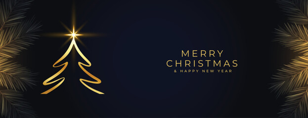 merry christmas wishes banner with shiny xmas tree and fir branches