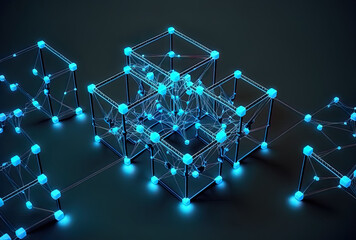 Obraz premium Background of a blue neon plexus network with cubes. Generative AI