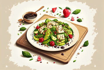 Fototapeta na wymiar Avocado topped vegan salad on a white wooden table. Generative AI