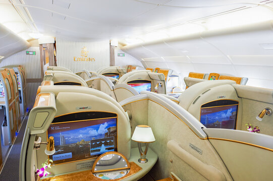 BANGKOK, THAILAND - MARCH 31, 2015: interior of Emirates Airbus A380. Emirates is one of two flag carriers of the United Arab Emirates along with Etihad Airways and is based in Dubai.