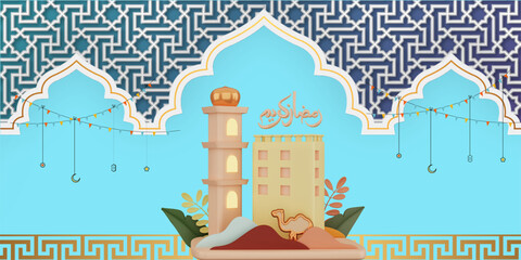 Islamic background for Ramadan Karim with lamp ornaments, the Koran and a mosque
