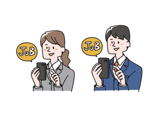 スマホで転職サイトを見ている男女のセット