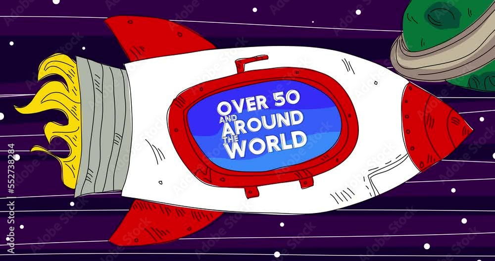 Poster rocket in space with over 50 and around the world text on the window. line art cartoon animation.