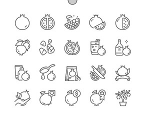 Pomegranate fruit. Whole and cut pomegranate. Food shop, supermarket. Menu for cafe. Pixel Perfect Vector Thin Line Icons. Simple Minimal Pictogram