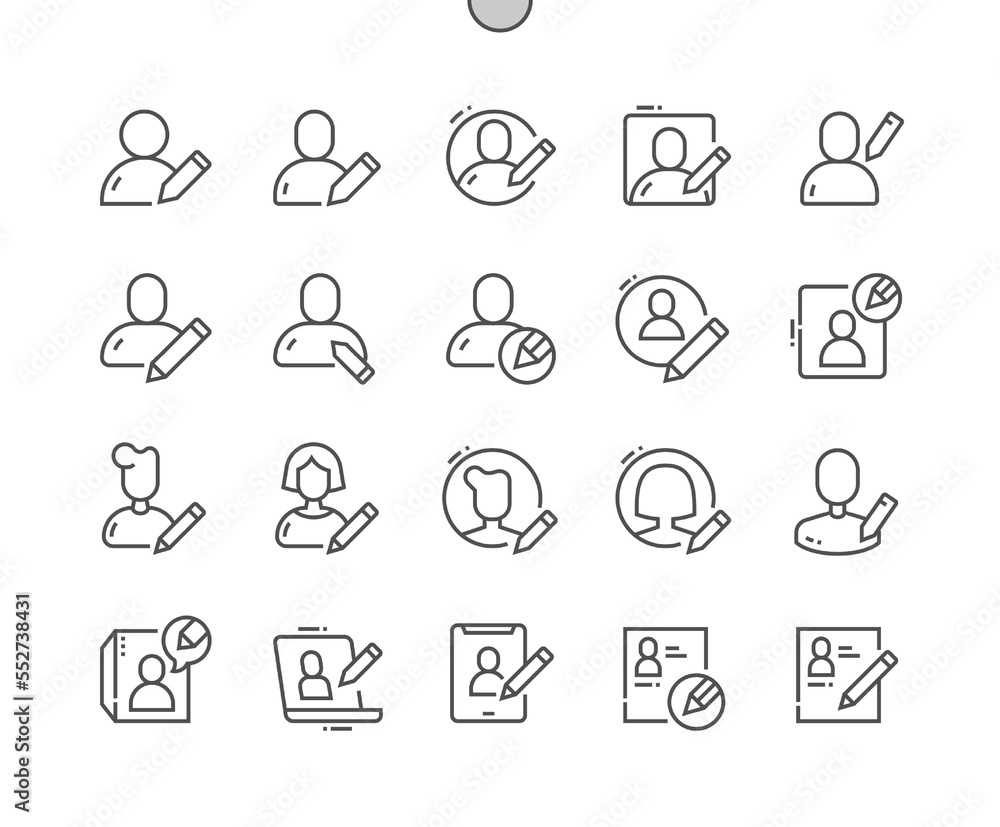 Poster edit profile. avatars for user interface. account. pixel perfect vector thin line icons. simple mini