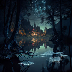 Fototapeta na wymiar A magical forest by a lake at nighttime created with generative AI technology 