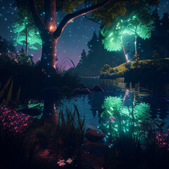A magical forest by a lake at nighttime created with generative AI technology
