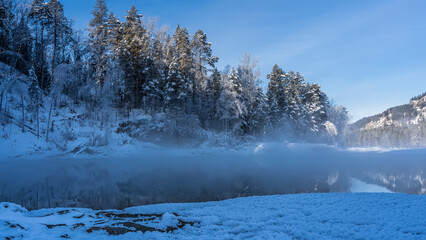 Steam rises over the ice-free river. Fluffy hoarfrost on the shore. Reflection. Coniferous trees on a snow-covered hill. Blue sky. Altai. Katun.