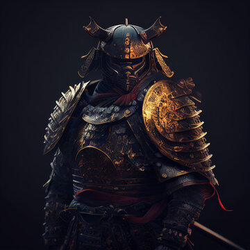 Fully armored samurai with sword and shield created with generative AI technology
