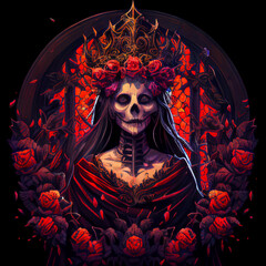 "The Witch Queen wearing a crown of red roses created with generative AI technology