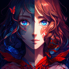 Naklejka premium Anime cover of an anime girl red and blue created with generative AI technology
