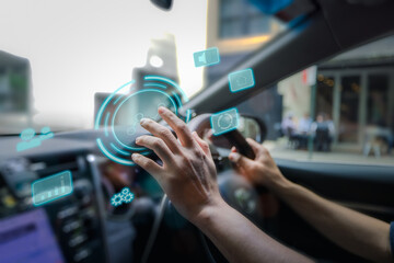 Obraz premium futuristic vehicle and graphical user interface(GUI). intelligent car. connected car. Internet of Things. Heads up display(HUD).