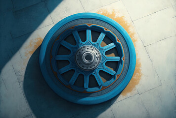 Aerial view of a blue vintage wheel in the daylight on a concrete floor. Generative AI