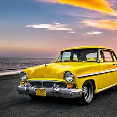 Classic yellow car by the coast