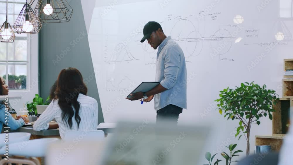 Aufkleber Presentation, speaker and business black people with whiteboard for data analytics, software engineering and innovation project. Leadership, manager and teamwork strategy meeting for product design