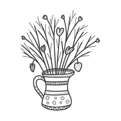 Hand-drawn bouquet vase with hearts for lovers. Design elements for Valentines Day. Vector illustration.
