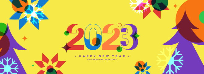 Colorful Happy New Year 2023 banner design template. The trendy horizontal design style for greeting cards, header in website, and social media layout. Vector, 2023