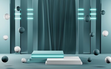 3D render of Podium background in blue tones for displaying cream products. cosmetics