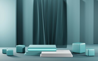 3D render of Podium background in blue tones for displaying cream products. cosmetics