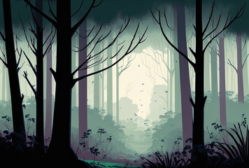 a tall view of a misty woodland. Generative AI