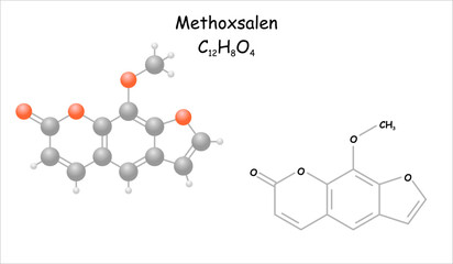 Stylized 2d molecule model/structural formula of methoxsalen. Use for psoriasis treatment.